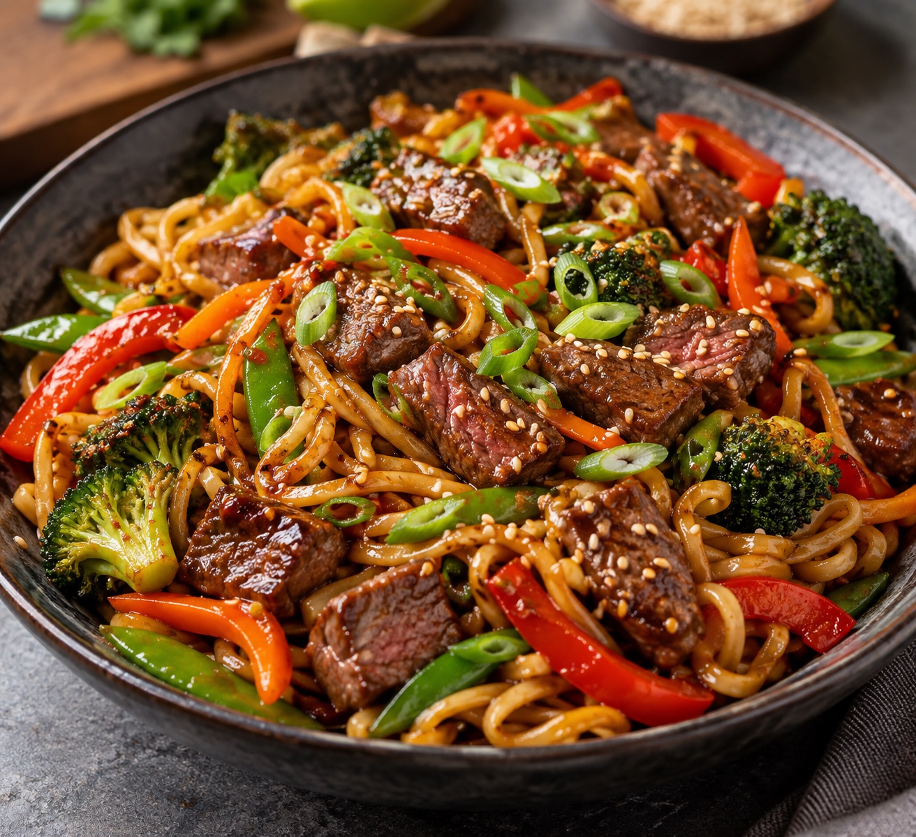 Sticky steak bites with vegetables & noodles