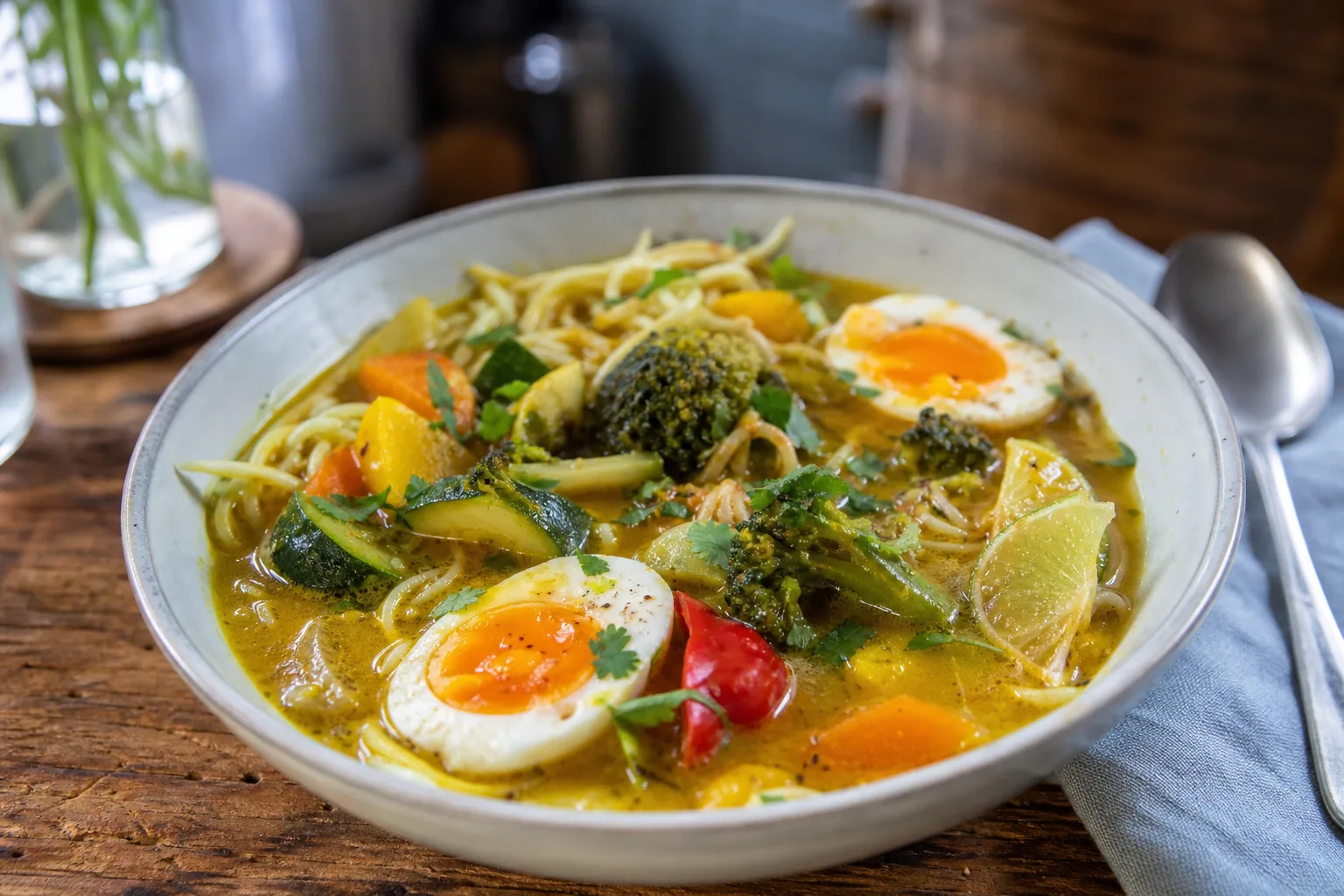 Curry Soup with Noodles, Vegetables and Soft-Boiled Eggs