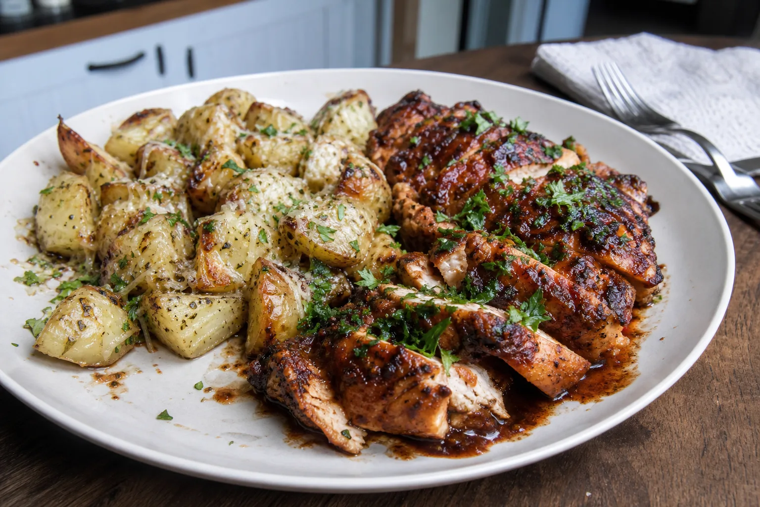 High-protein honey BBQ chicken & garlic Parmesan potatoes