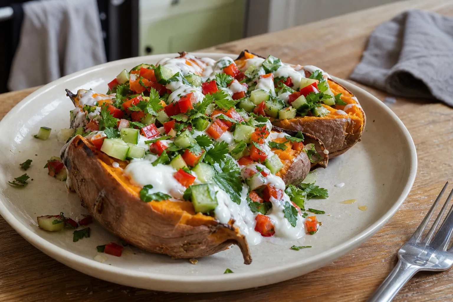Air fryer loaded sweet potato with pepper and cucumber salsa