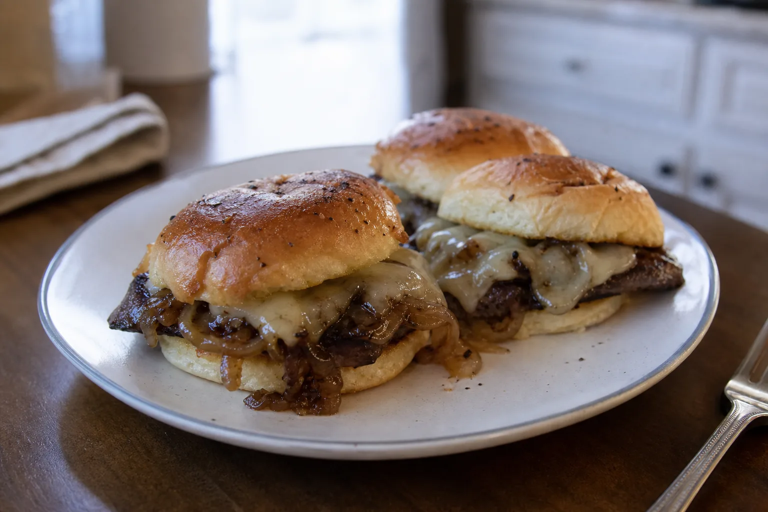 Cheesy caramelized onion steak mini sandwiches
