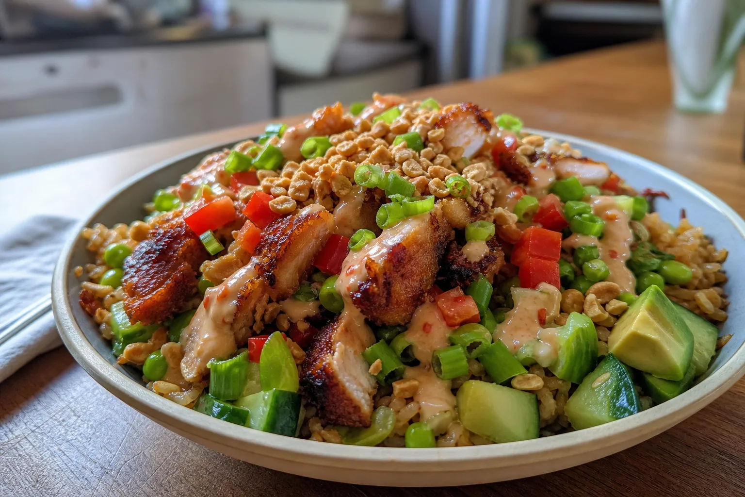 Crispy rice salad with creamy sweet chilli dressing