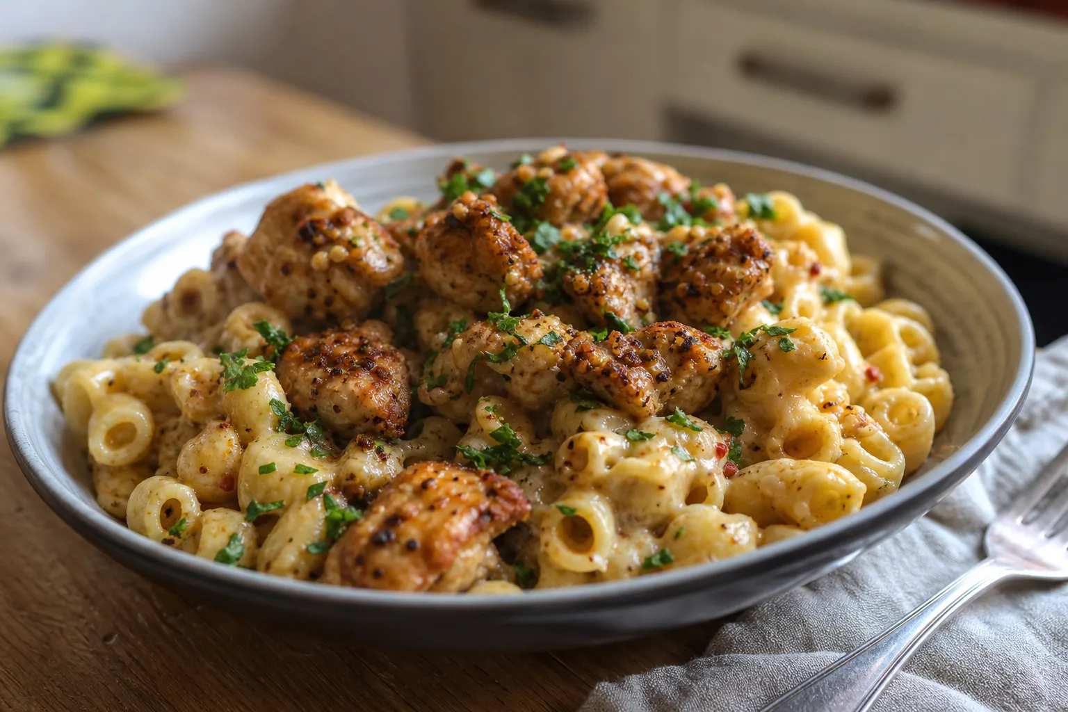 High-protein honey garlic butter chicken Mac n Cheese