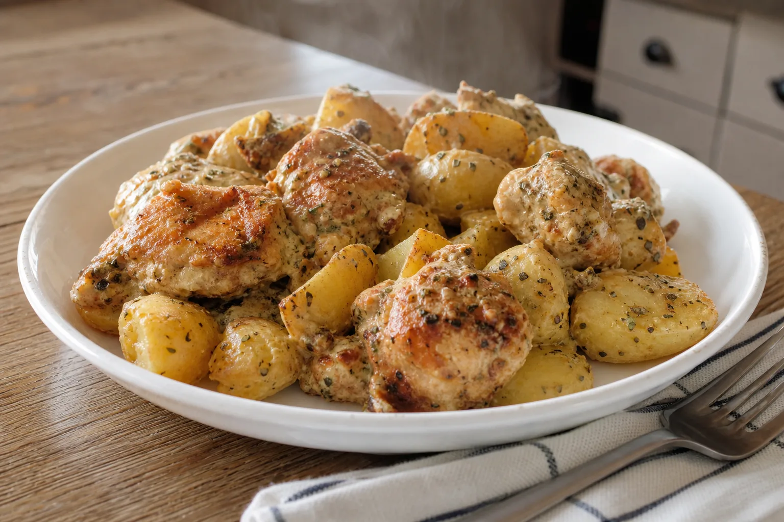 Creamy Garlic Cheesy Chicken & Potato Traybake