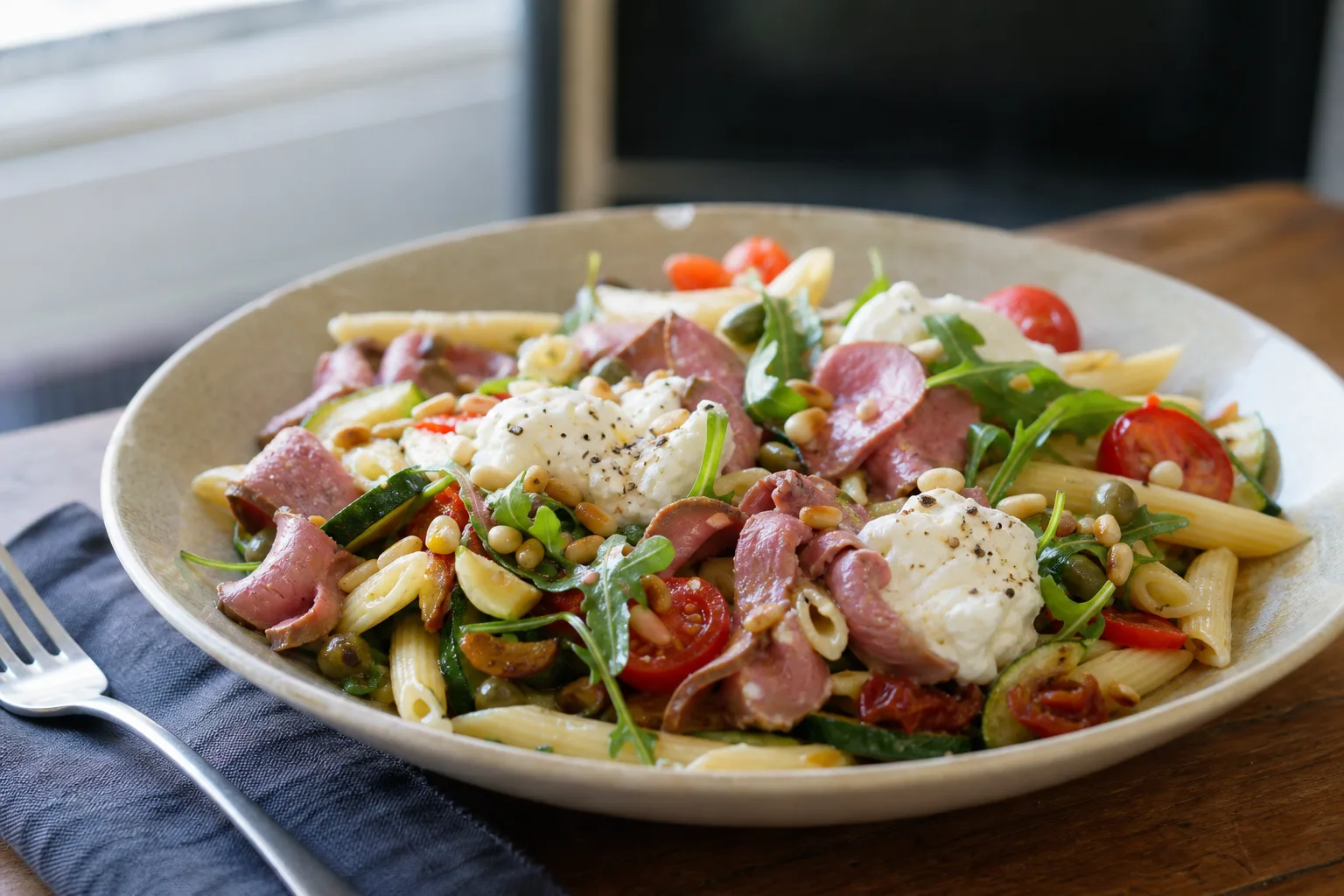 Roast beef pasta salad with burrata