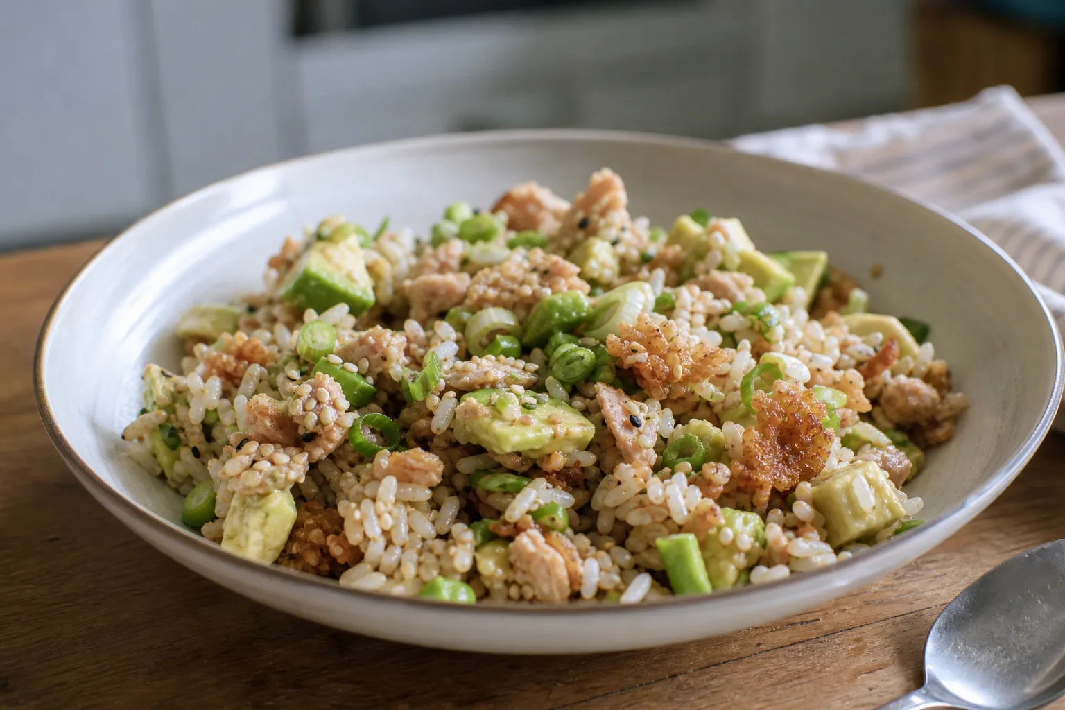 Tuna avocado crispy rice salad