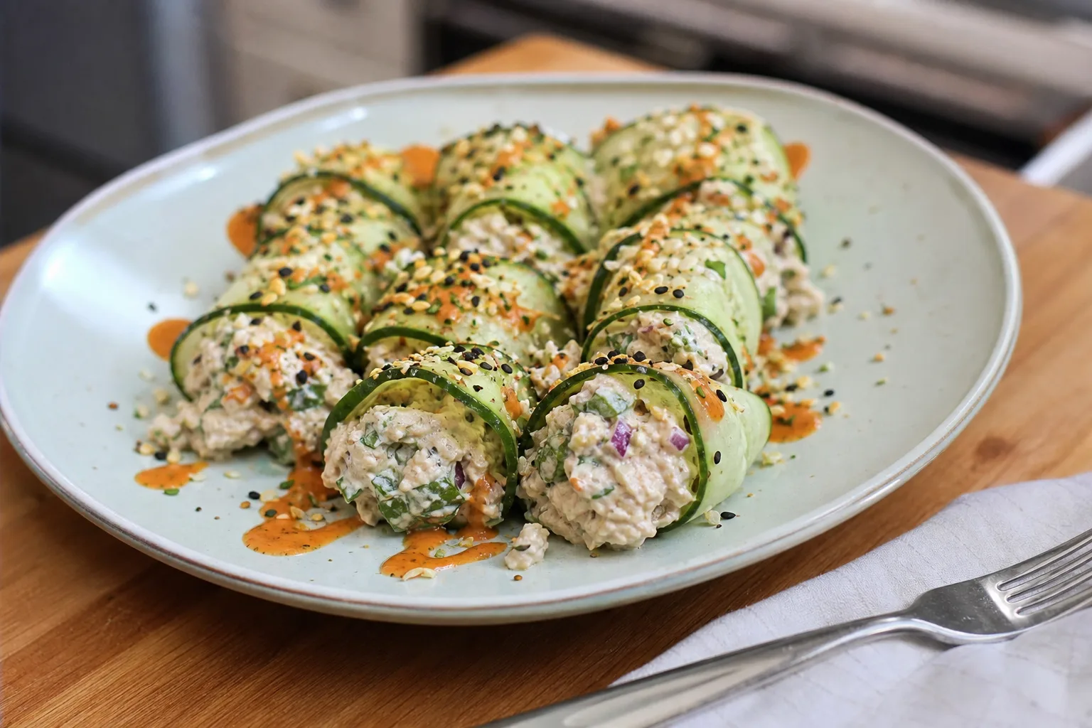 High-protein chicken salad cucumber roll-ups