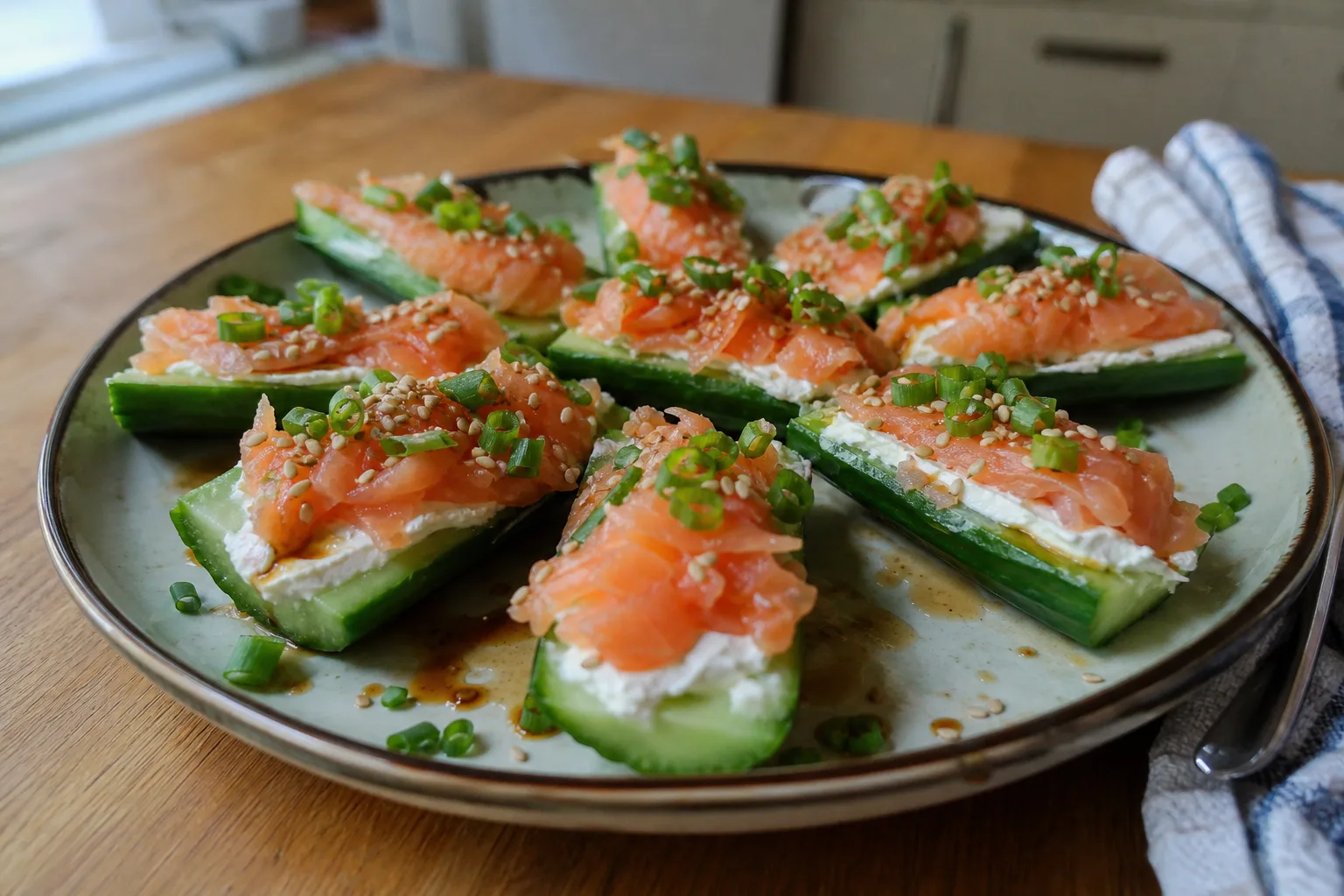 Cucumber smoked salmon sushi boats