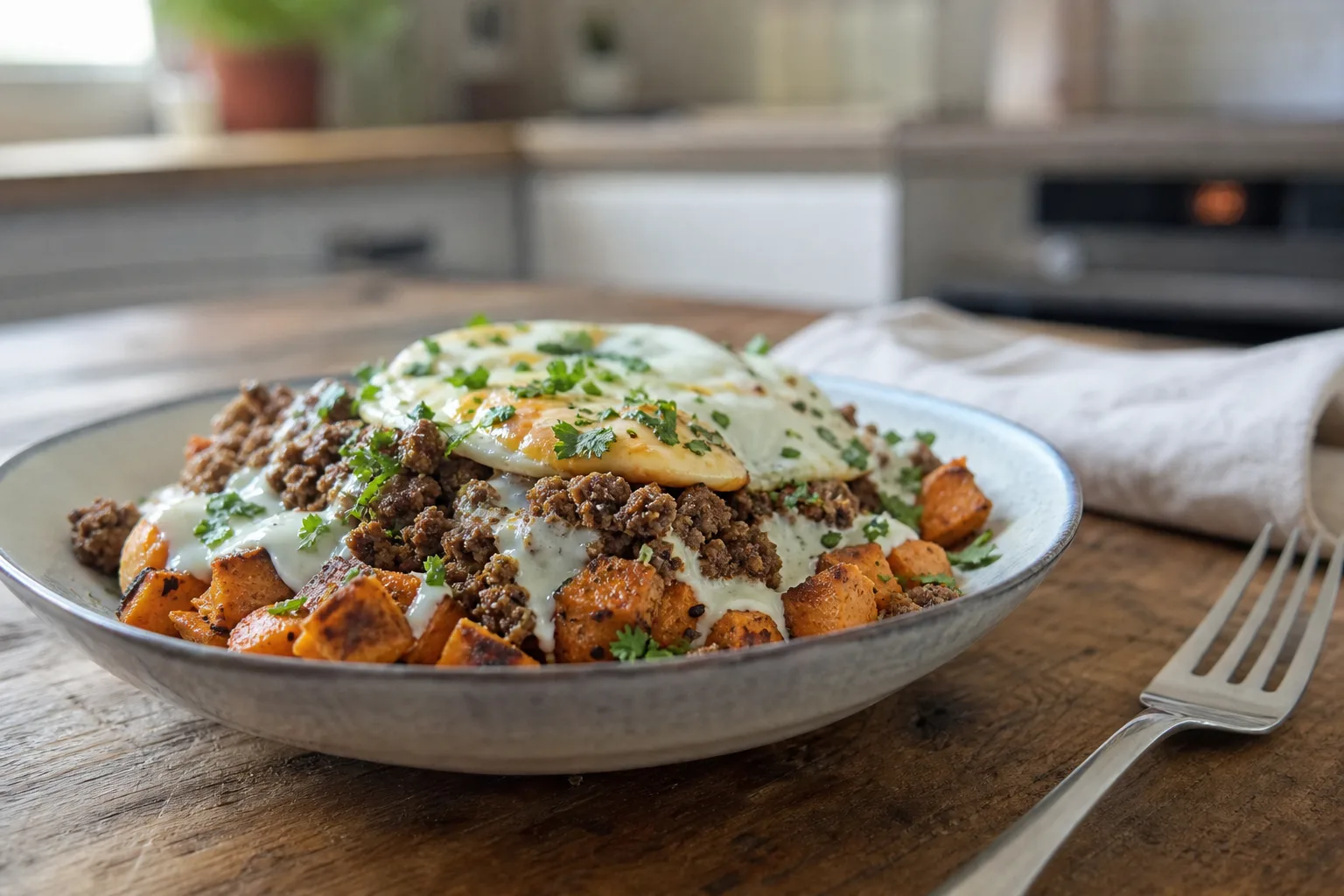 High-protein taco-stuffed sweet potato bowl