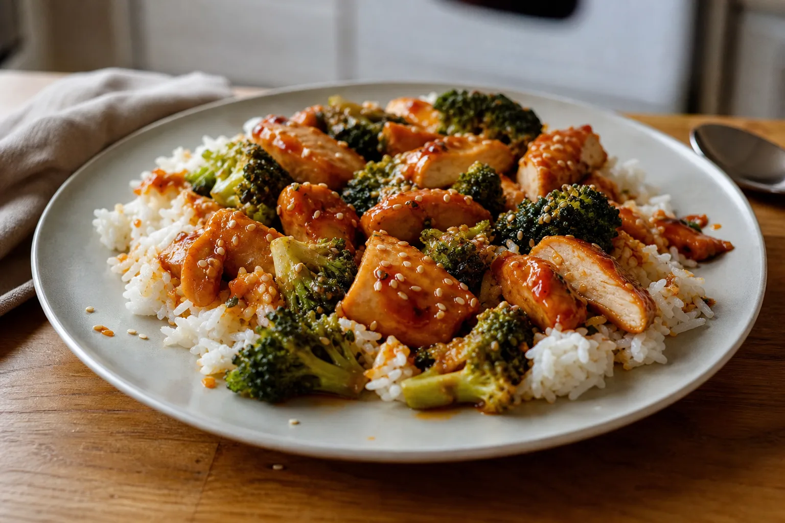 Spicy chicken with rice and broccoli