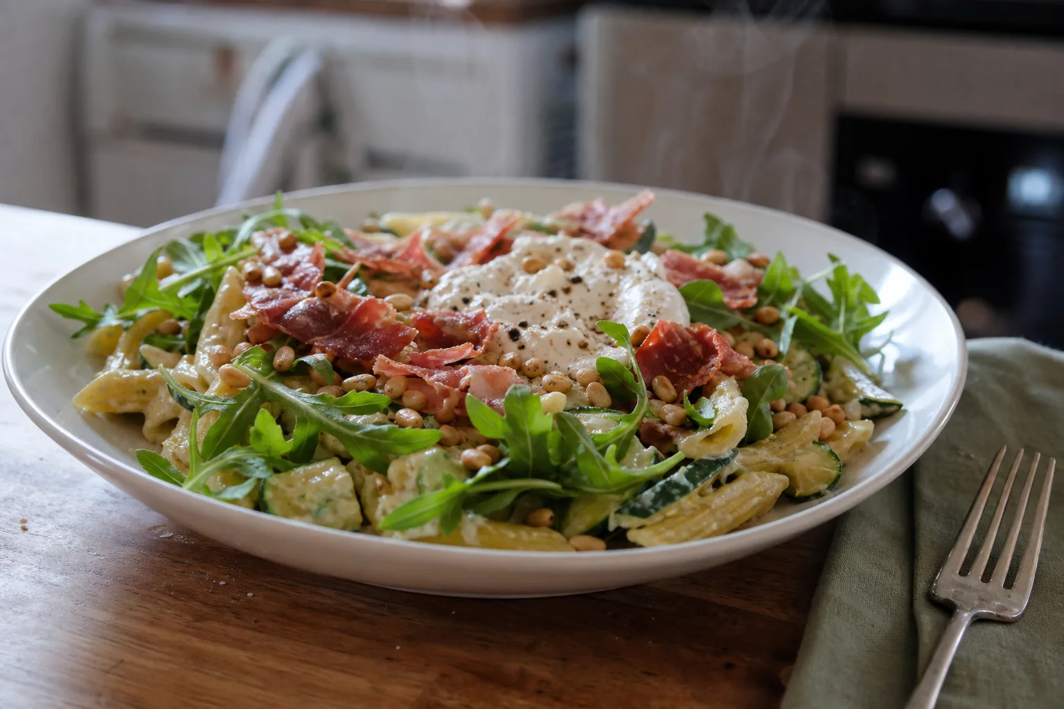 Pasta with creamy courgette sauce, crispy Serrano ham & burrata