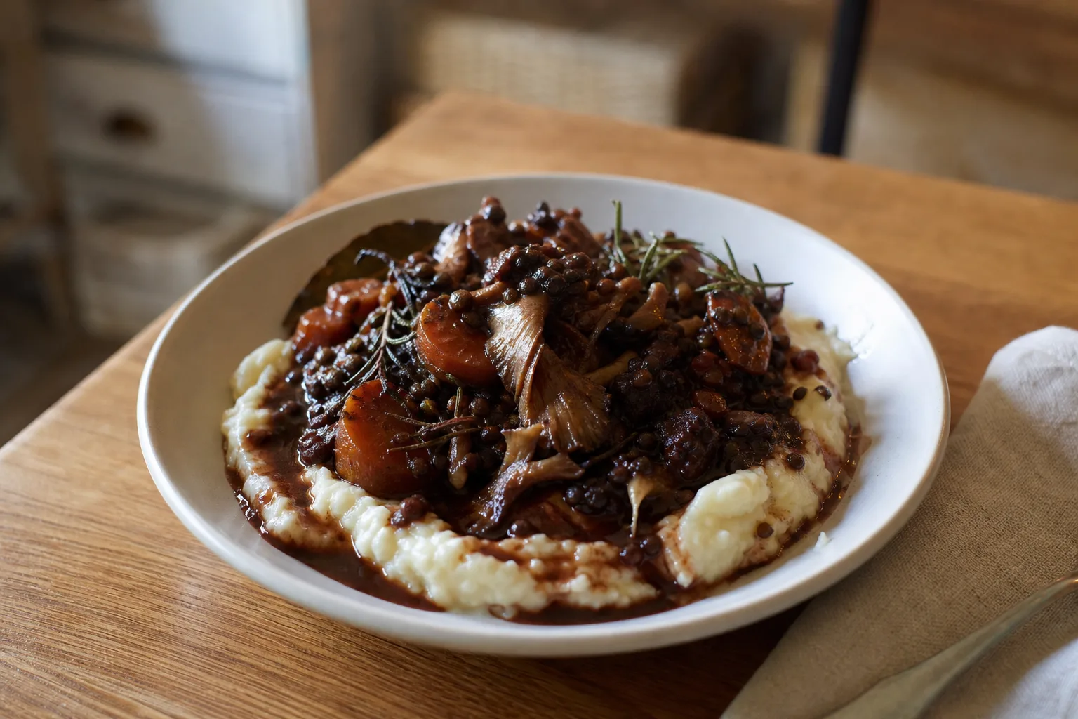 Miso-infused red wine stew with lemon-parsnip white bean purée