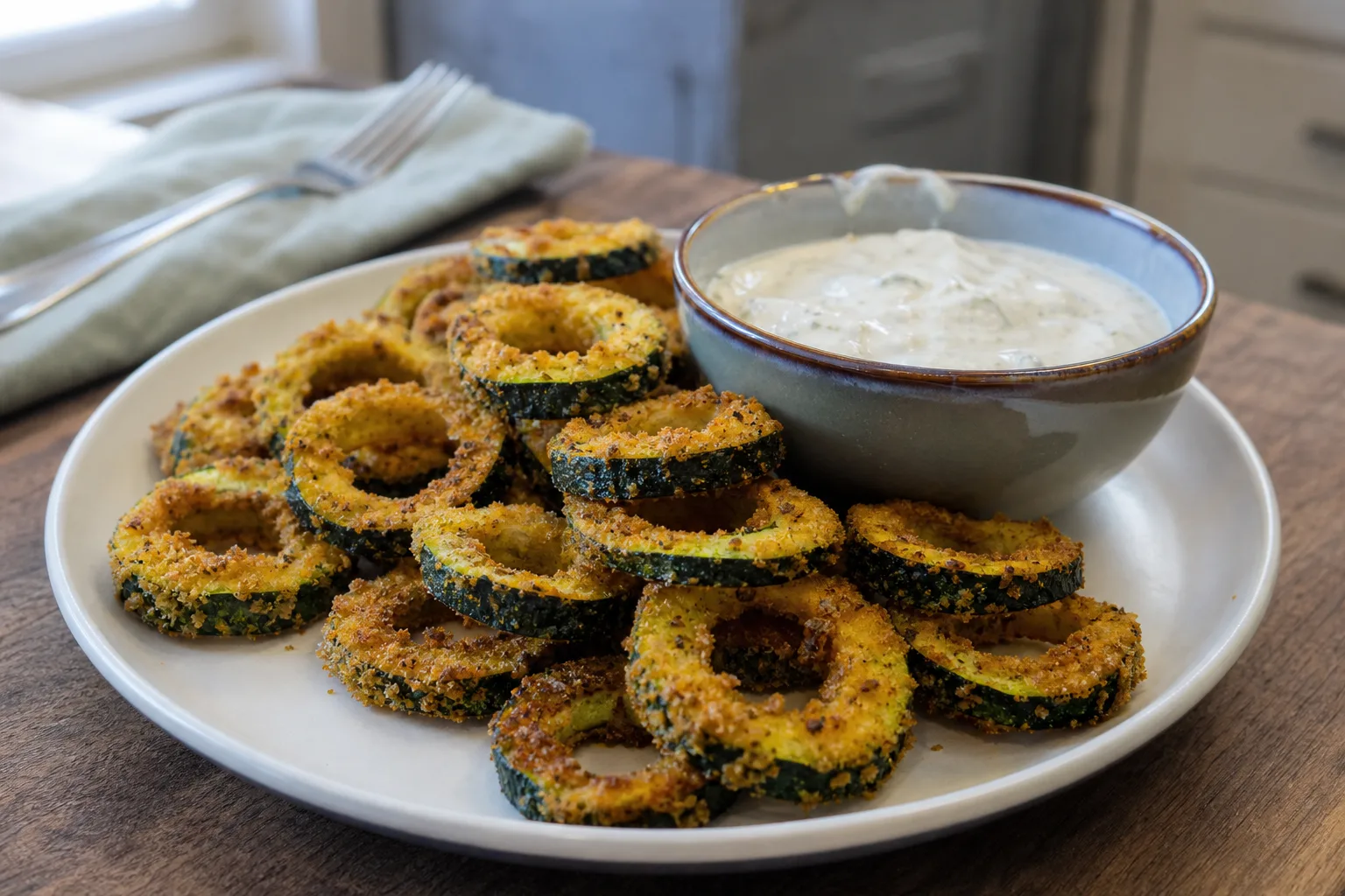 Crispy courgette rings with creamy dip