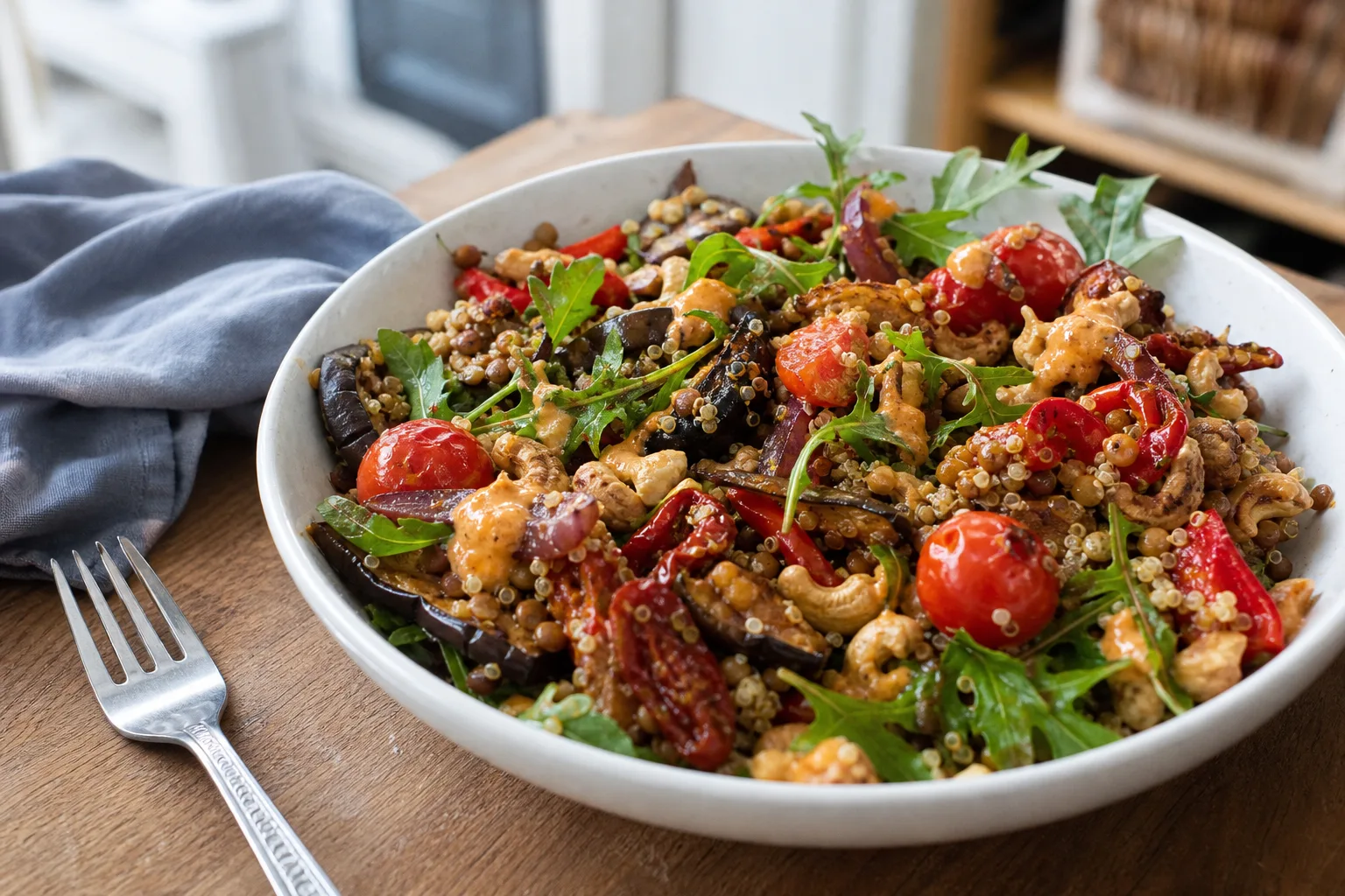 Crispy quinoa salad with roasted vegetables and creamy pepper dressing