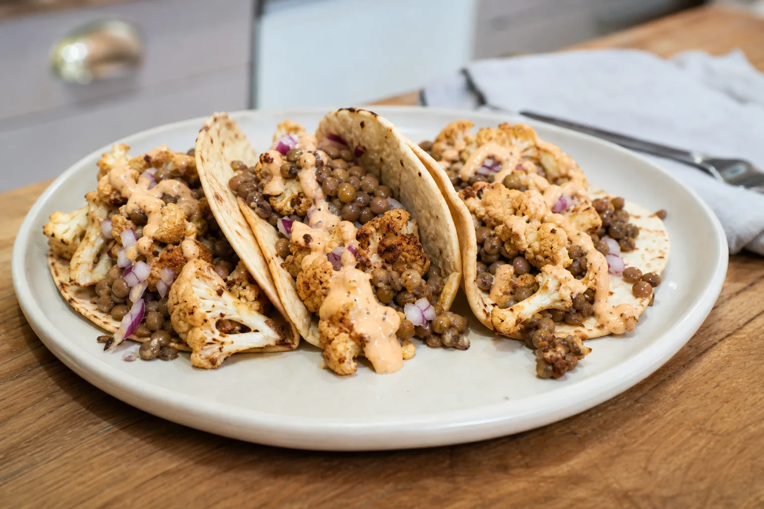 Roasted cauliflower and lentil tacos with creamy chipotle sauce