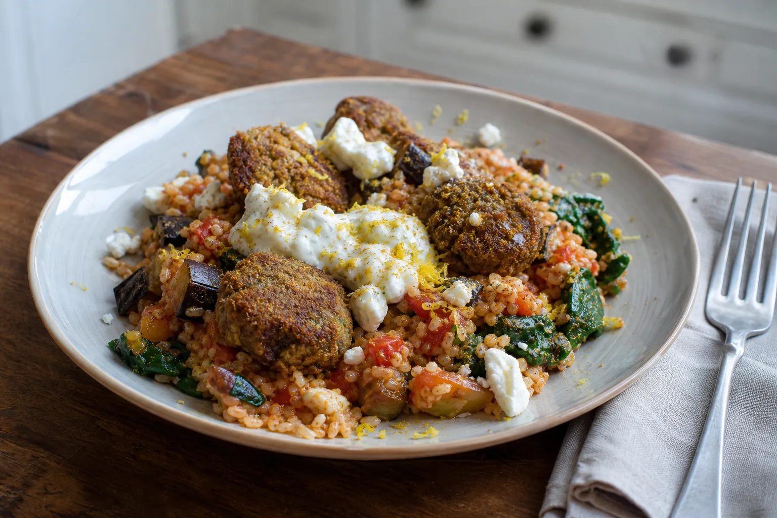 Tomatenbulgur met falafel en aubergine