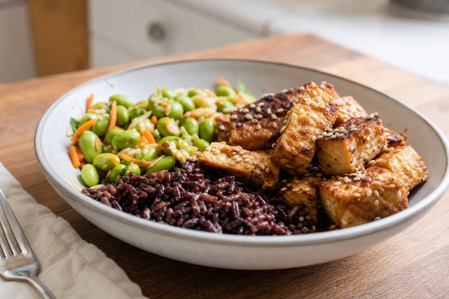 Crispy sticky sesame tofu with edamame salad and forbidden rice