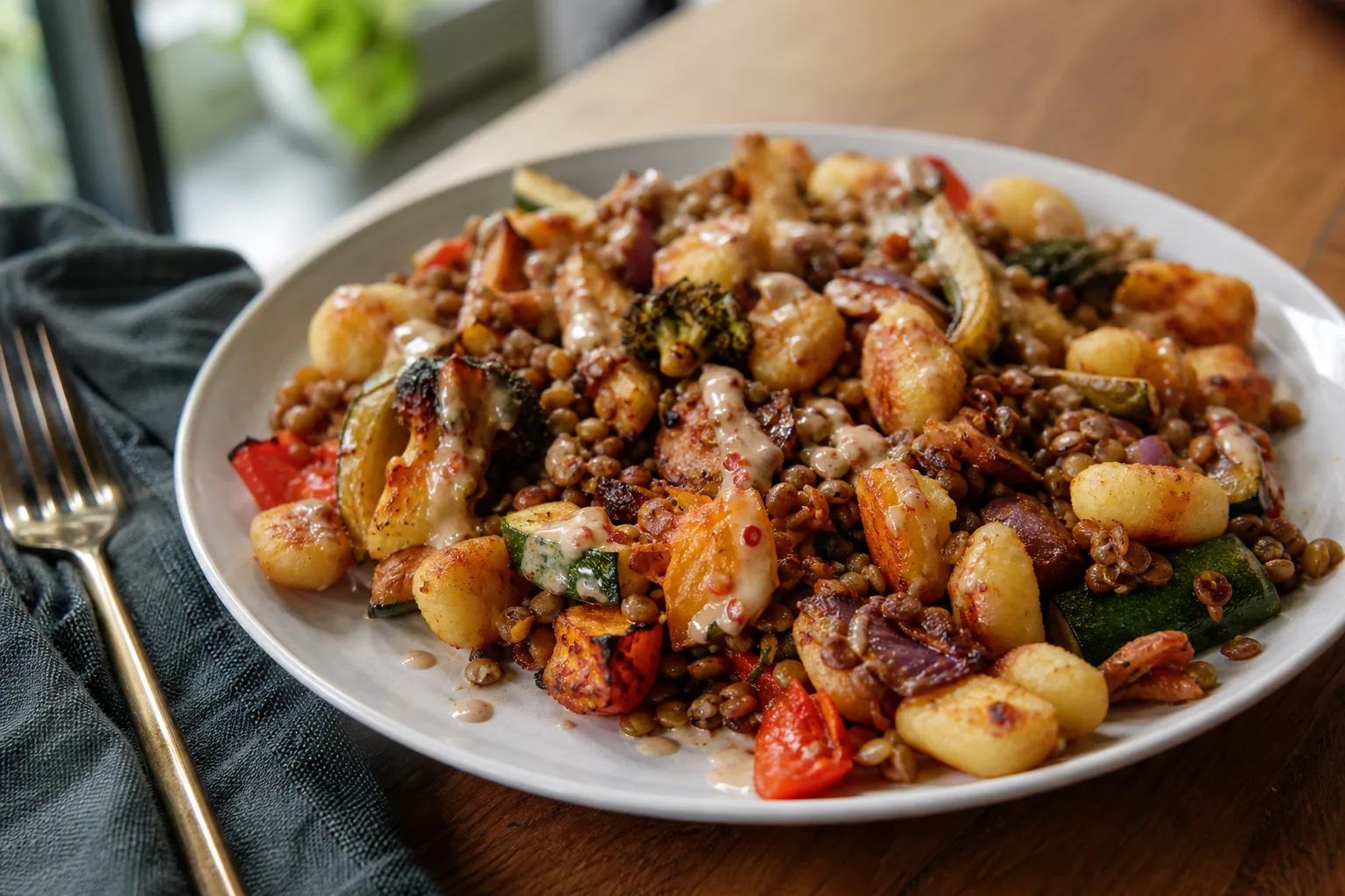 Crispy traybake gnocchi with chilli tahini drizzle