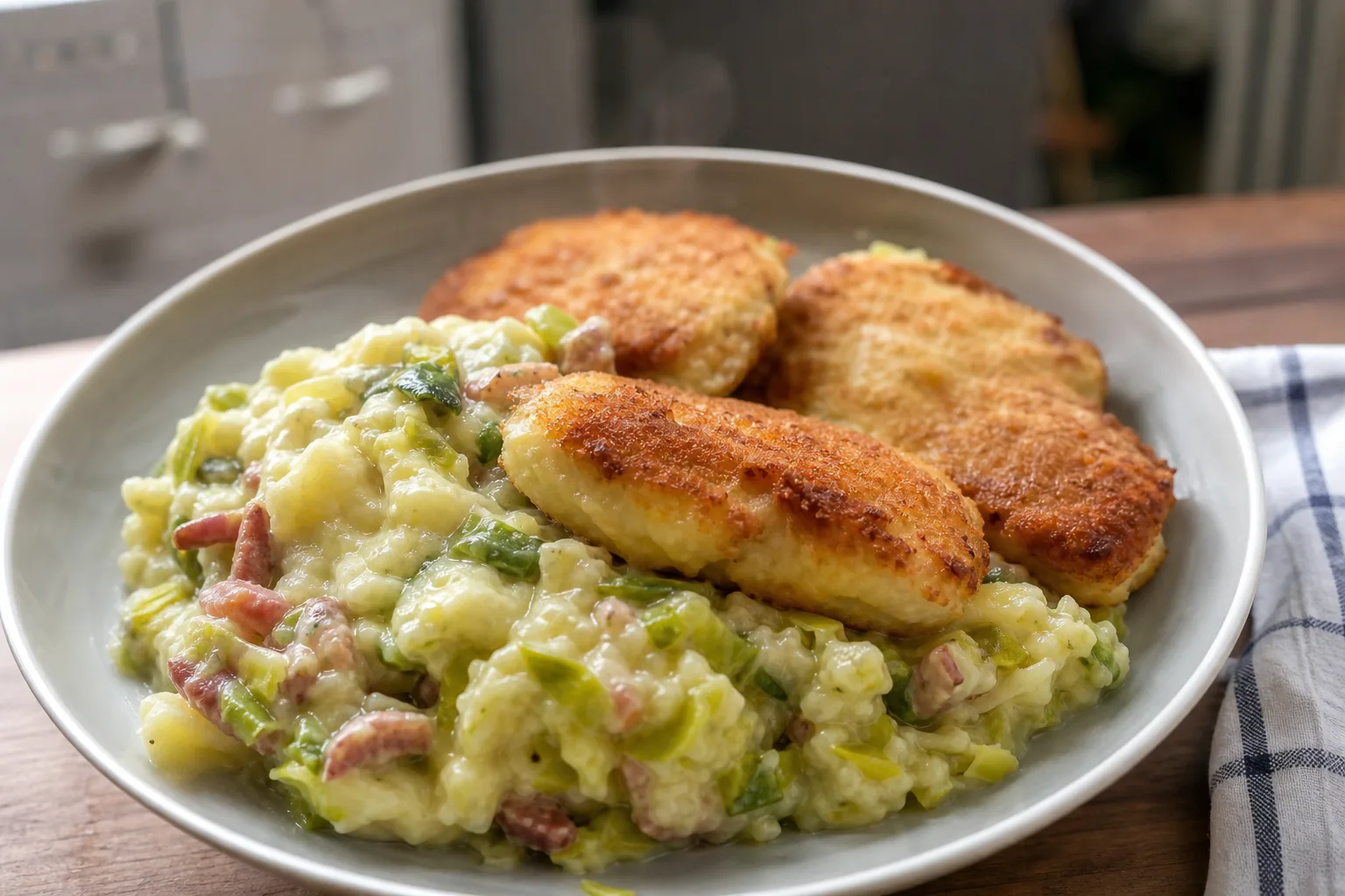 Leek mash with cheese schnitzels