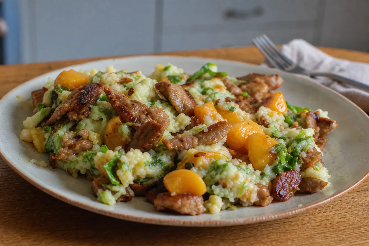 Endive stamppot with gyros meat and peaches